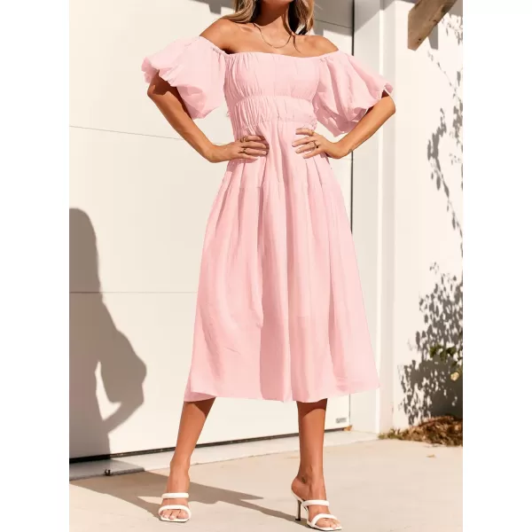imageZESICA Womens 2023 Sexy Boho Off Shoulder Puff Short Sleeve High Waist Ruffled Flowy A Line Beach Party Midi DressPink