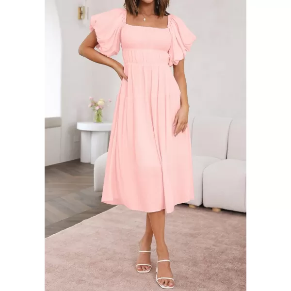 imageZESICA Womens 2023 Sexy Boho Off Shoulder Puff Short Sleeve High Waist Ruffled Flowy A Line Beach Party Midi DressPink