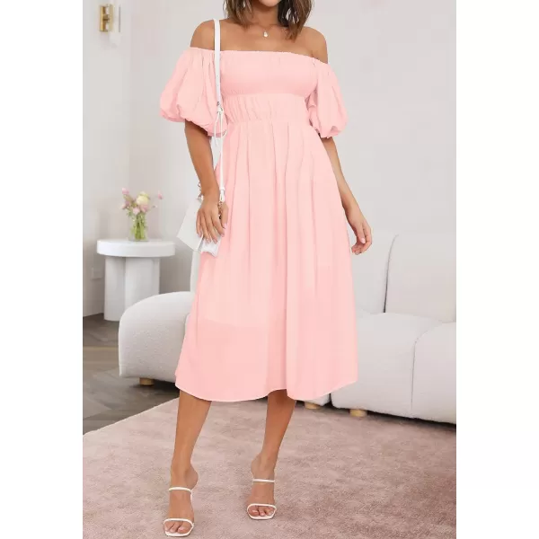imageZESICA Womens 2023 Sexy Boho Off Shoulder Puff Short Sleeve High Waist Ruffled Flowy A Line Beach Party Midi DressPink