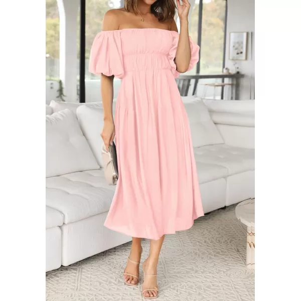 imageZESICA Womens 2023 Sexy Boho Off Shoulder Puff Short Sleeve High Waist Ruffled Flowy A Line Beach Party Midi DressPink