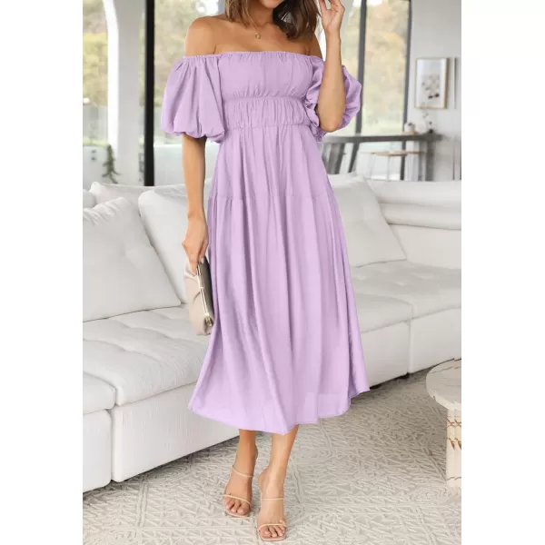 imageZESICA Womens 2023 Sexy Boho Off Shoulder Puff Short Sleeve High Waist Ruffled Flowy A Line Beach Party Midi DressPurple