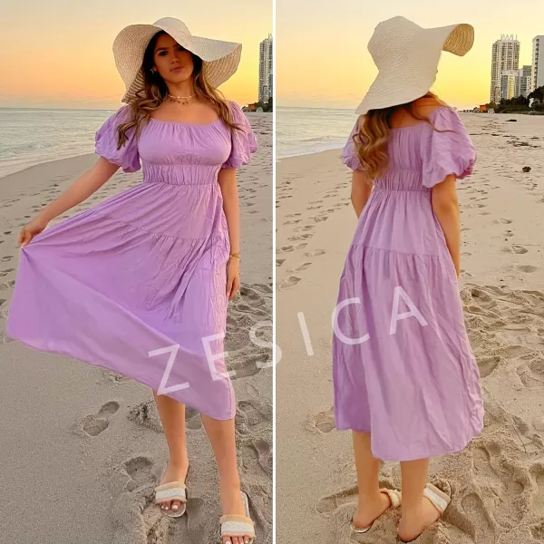 imageZESICA Womens 2023 Sexy Boho Off Shoulder Puff Short Sleeve High Waist Ruffled Flowy A Line Beach Party Midi DressPurple