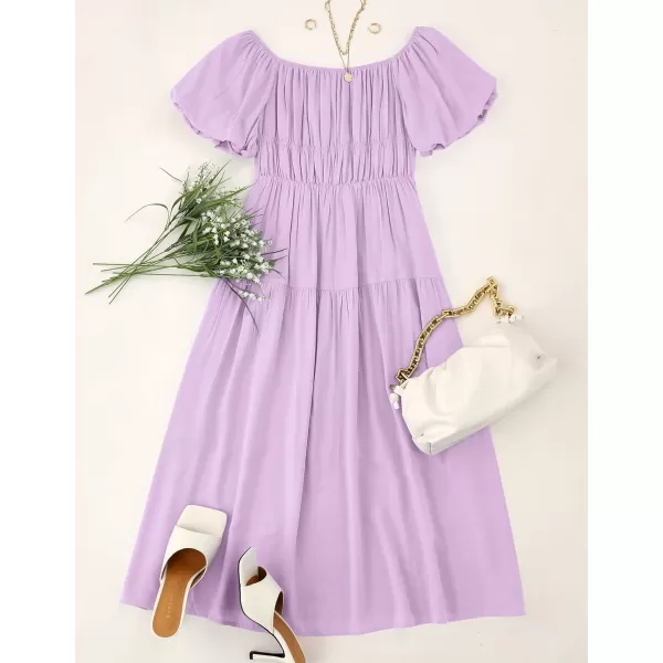 imageZESICA Womens 2023 Sexy Boho Off Shoulder Puff Short Sleeve High Waist Ruffled Flowy A Line Beach Party Midi DressPurple