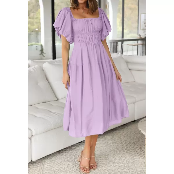 imageZESICA Womens 2023 Sexy Boho Off Shoulder Puff Short Sleeve High Waist Ruffled Flowy A Line Beach Party Midi DressPurple