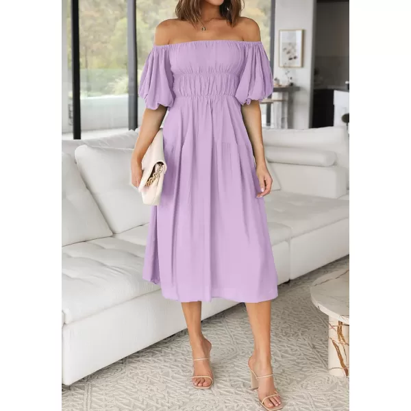 imageZESICA Womens 2023 Sexy Boho Off Shoulder Puff Short Sleeve High Waist Ruffled Flowy A Line Beach Party Midi DressPurple