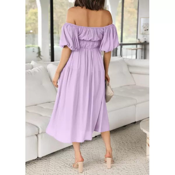 imageZESICA Womens 2023 Sexy Boho Off Shoulder Puff Short Sleeve High Waist Ruffled Flowy A Line Beach Party Midi DressPurple