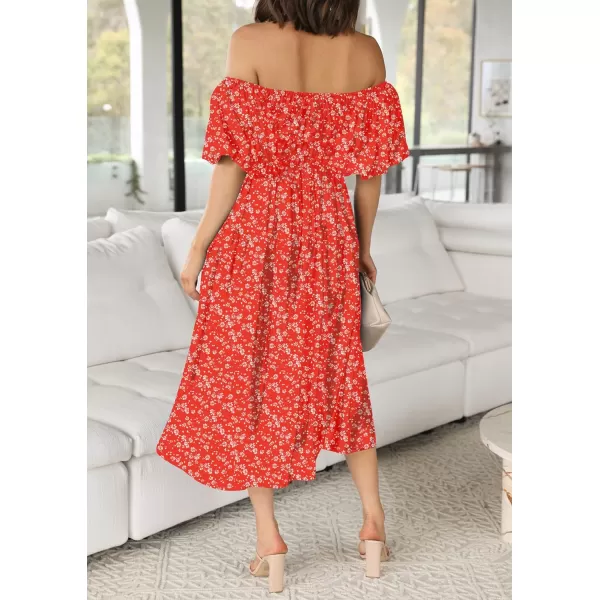 imageZESICA Womens 2023 Sexy Boho Off Shoulder Puff Short Sleeve High Waist Ruffled Flowy A Line Beach Party Midi DressRed