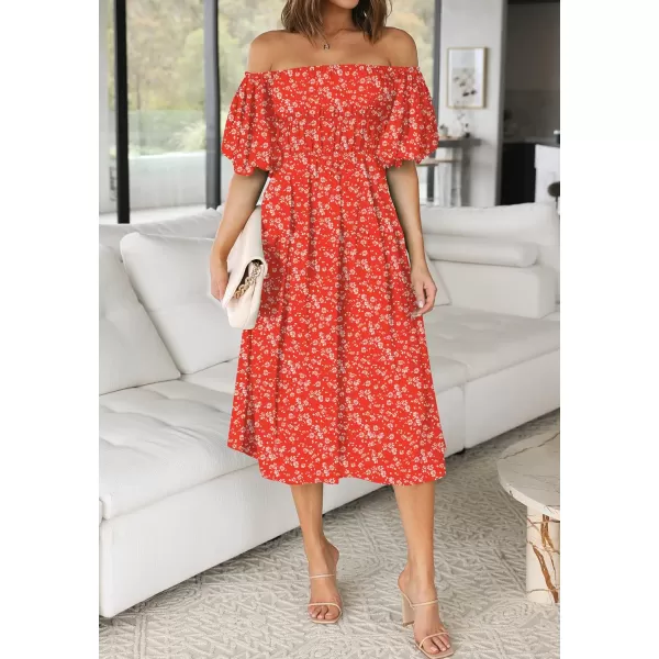 imageZESICA Womens 2023 Sexy Boho Off Shoulder Puff Short Sleeve High Waist Ruffled Flowy A Line Beach Party Midi DressRed