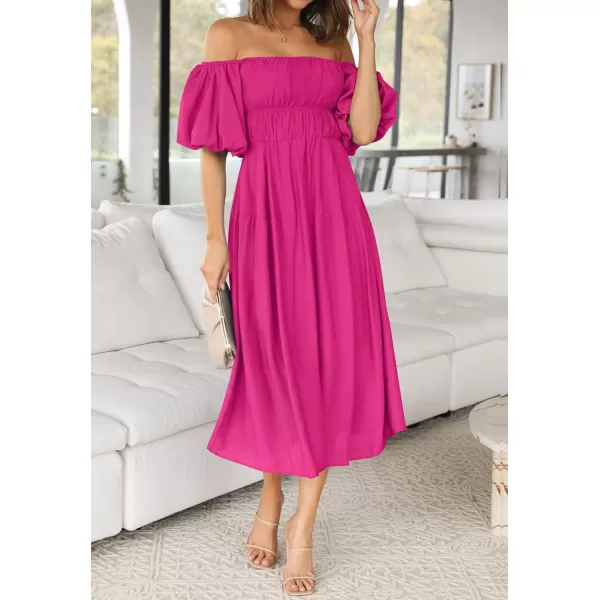 imageZESICA Womens 2023 Sexy Boho Off Shoulder Puff Short Sleeve High Waist Ruffled Flowy A Line Beach Party Midi DressRose