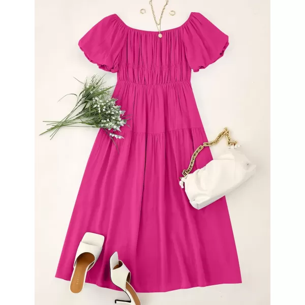 imageZESICA Womens 2023 Sexy Boho Off Shoulder Puff Short Sleeve High Waist Ruffled Flowy A Line Beach Party Midi DressRose
