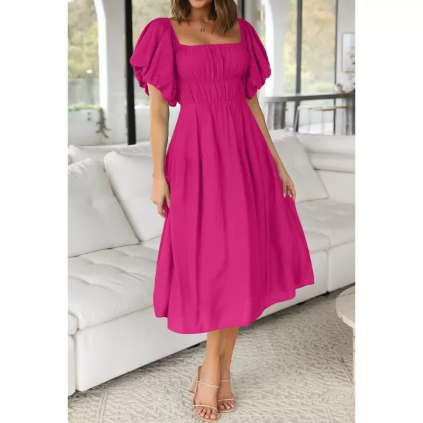 imageZESICA Womens 2023 Sexy Boho Off Shoulder Puff Short Sleeve High Waist Ruffled Flowy A Line Beach Party Midi DressRose