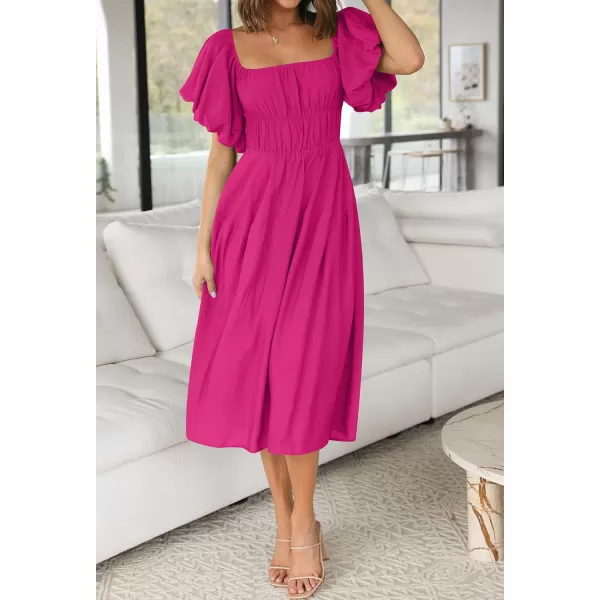 imageZESICA Womens 2023 Sexy Boho Off Shoulder Puff Short Sleeve High Waist Ruffled Flowy A Line Beach Party Midi DressRose
