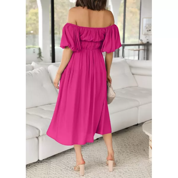imageZESICA Womens 2023 Sexy Boho Off Shoulder Puff Short Sleeve High Waist Ruffled Flowy A Line Beach Party Midi DressRose