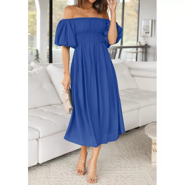 imageZESICA Womens 2023 Sexy Boho Off Shoulder Puff Short Sleeve High Waist Ruffled Flowy A Line Beach Party Midi DressRoyalblue