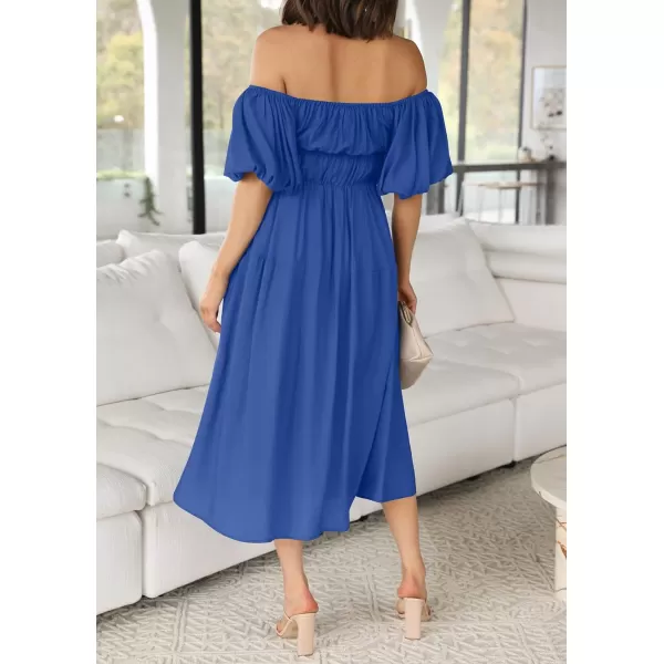 imageZESICA Womens 2023 Sexy Boho Off Shoulder Puff Short Sleeve High Waist Ruffled Flowy A Line Beach Party Midi DressRoyalblue