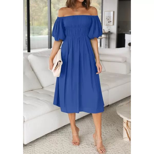imageZESICA Womens 2023 Sexy Boho Off Shoulder Puff Short Sleeve High Waist Ruffled Flowy A Line Beach Party Midi DressRoyalblue