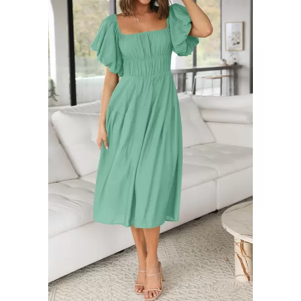 imageZESICA Womens 2023 Sexy Boho Off Shoulder Puff Short Sleeve High Waist Ruffled Flowy A Line Beach Party Midi DressSage