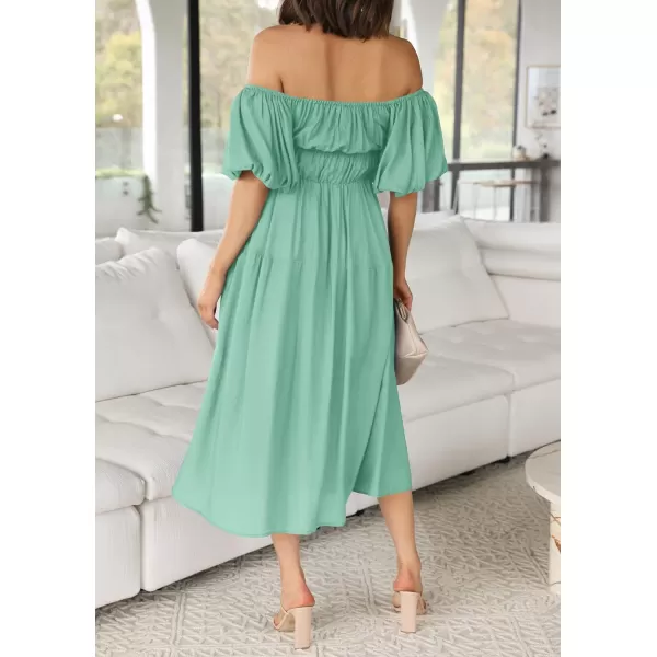 imageZESICA Womens 2023 Sexy Boho Off Shoulder Puff Short Sleeve High Waist Ruffled Flowy A Line Beach Party Midi DressSage