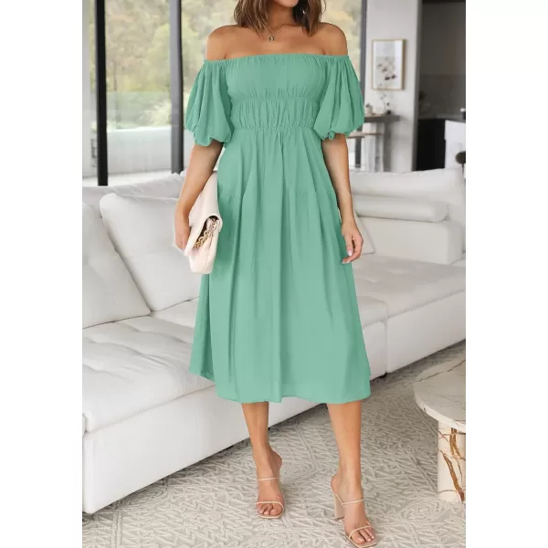 imageZESICA Womens 2023 Sexy Boho Off Shoulder Puff Short Sleeve High Waist Ruffled Flowy A Line Beach Party Midi DressSage