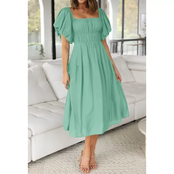 imageZESICA Womens 2023 Sexy Boho Off Shoulder Puff Short Sleeve High Waist Ruffled Flowy A Line Beach Party Midi DressSage