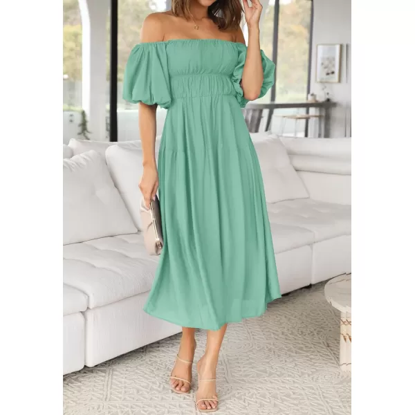 imageZESICA Womens 2023 Sexy Boho Off Shoulder Puff Short Sleeve High Waist Ruffled Flowy A Line Beach Party Midi DressSage