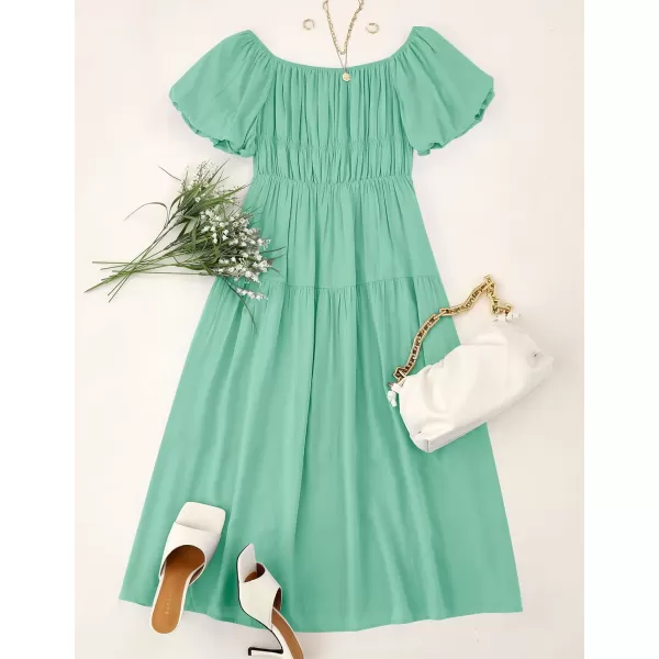 imageZESICA Womens 2023 Sexy Boho Off Shoulder Puff Short Sleeve High Waist Ruffled Flowy A Line Beach Party Midi DressSage