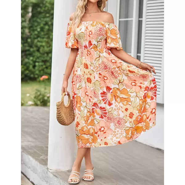 imageZESICA Womens 2023 Sexy Boho Off Shoulder Puff Short Sleeve High Waist Ruffled Flowy A Line Beach Party Midi DressTangerine