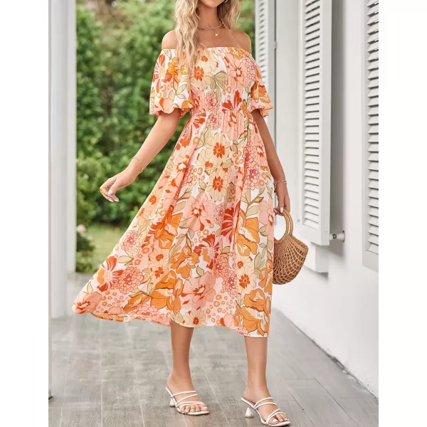 imageZESICA Womens 2023 Sexy Boho Off Shoulder Puff Short Sleeve High Waist Ruffled Flowy A Line Beach Party Midi DressTangerine