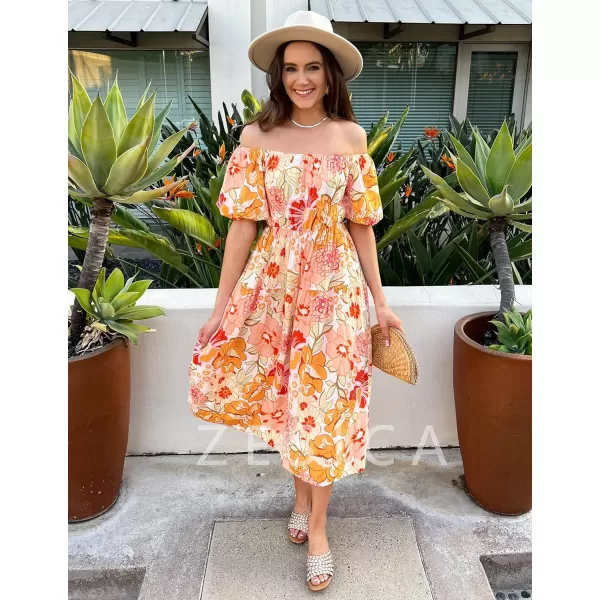 imageZESICA Womens 2023 Sexy Boho Off Shoulder Puff Short Sleeve High Waist Ruffled Flowy A Line Beach Party Midi DressTangerine