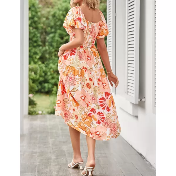 imageZESICA Womens 2023 Sexy Boho Off Shoulder Puff Short Sleeve High Waist Ruffled Flowy A Line Beach Party Midi DressTangerine
