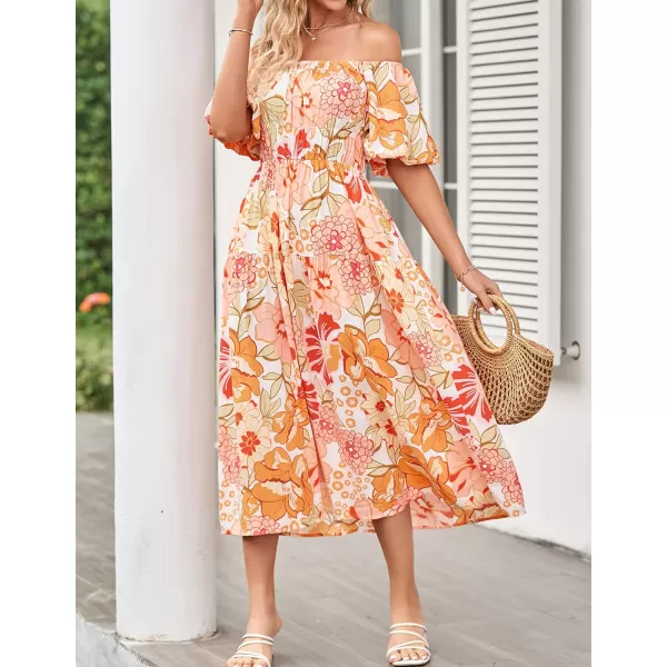 imageZESICA Womens 2023 Sexy Boho Off Shoulder Puff Short Sleeve High Waist Ruffled Flowy A Line Beach Party Midi DressTangerine