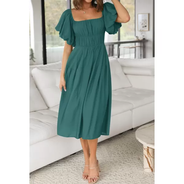 imageZESICA Womens 2023 Sexy Boho Off Shoulder Puff Short Sleeve High Waist Ruffled Flowy A Line Beach Party Midi DressTeal