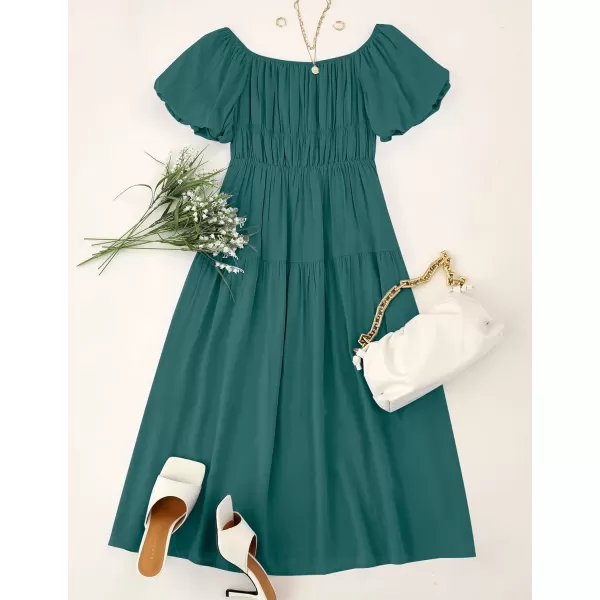 imageZESICA Womens 2023 Sexy Boho Off Shoulder Puff Short Sleeve High Waist Ruffled Flowy A Line Beach Party Midi DressTeal
