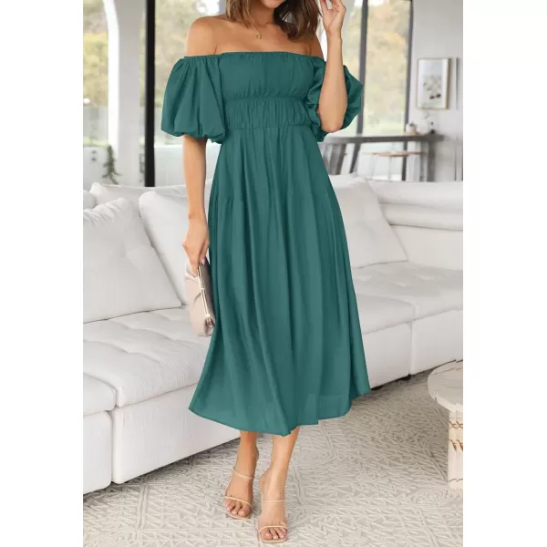 imageZESICA Womens 2023 Sexy Boho Off Shoulder Puff Short Sleeve High Waist Ruffled Flowy A Line Beach Party Midi DressTeal