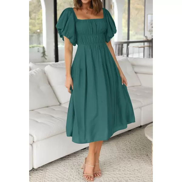 imageZESICA Womens 2023 Sexy Boho Off Shoulder Puff Short Sleeve High Waist Ruffled Flowy A Line Beach Party Midi DressTeal