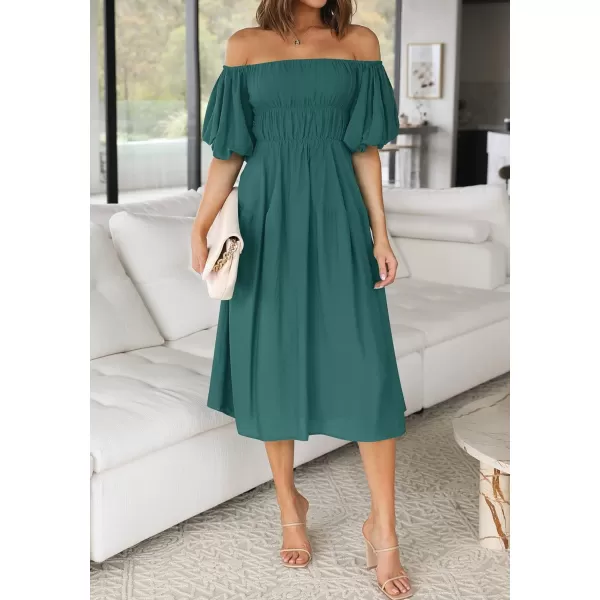 imageZESICA Womens 2023 Sexy Boho Off Shoulder Puff Short Sleeve High Waist Ruffled Flowy A Line Beach Party Midi DressTeal