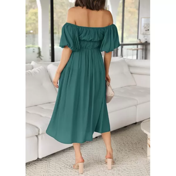 imageZESICA Womens 2023 Sexy Boho Off Shoulder Puff Short Sleeve High Waist Ruffled Flowy A Line Beach Party Midi DressTeal