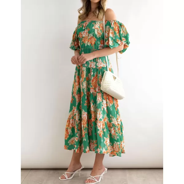 imageZESICA Womens 2023 Sexy Boho Off Shoulder Puff Short Sleeve High Waist Ruffled Flowy A Line Beach Party Midi DressVintage