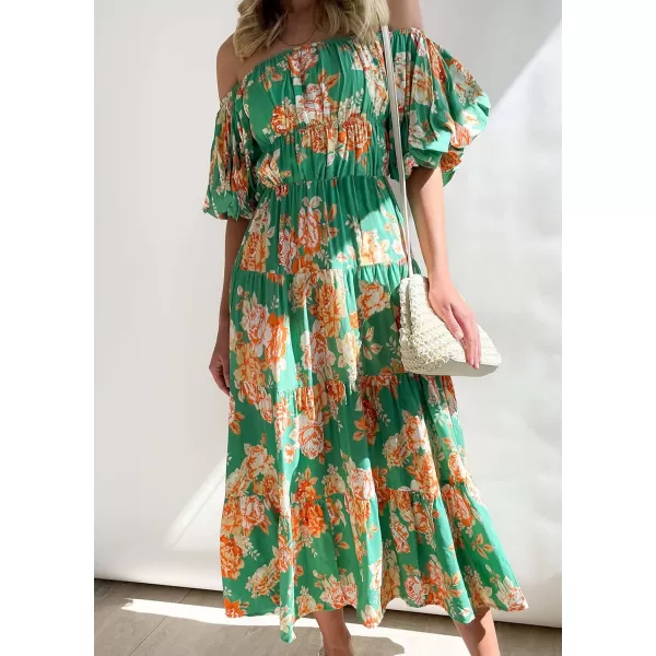 imageZESICA Womens 2023 Sexy Boho Off Shoulder Puff Short Sleeve High Waist Ruffled Flowy A Line Beach Party Midi DressVintage