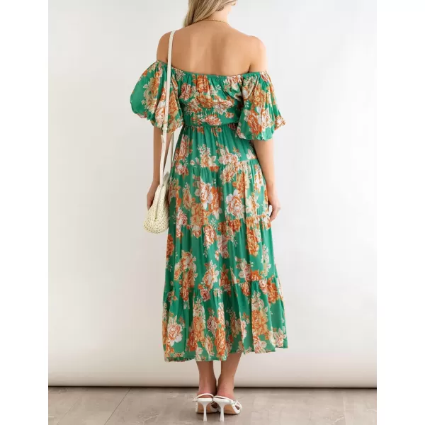 imageZESICA Womens 2023 Sexy Boho Off Shoulder Puff Short Sleeve High Waist Ruffled Flowy A Line Beach Party Midi DressVintage