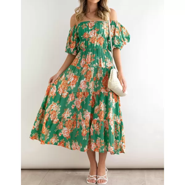 imageZESICA Womens 2023 Sexy Boho Off Shoulder Puff Short Sleeve High Waist Ruffled Flowy A Line Beach Party Midi DressVintage