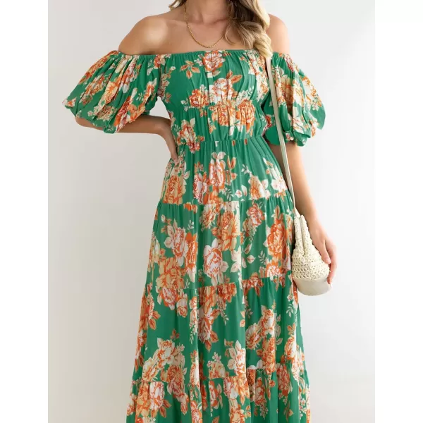 imageZESICA Womens 2023 Sexy Boho Off Shoulder Puff Short Sleeve High Waist Ruffled Flowy A Line Beach Party Midi DressVintage