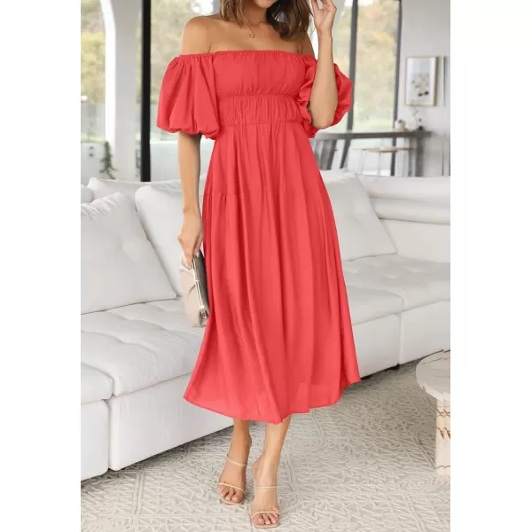 imageZESICA Womens 2023 Sexy Boho Off Shoulder Puff Short Sleeve High Waist Ruffled Flowy A Line Beach Party Midi DressWatermelon