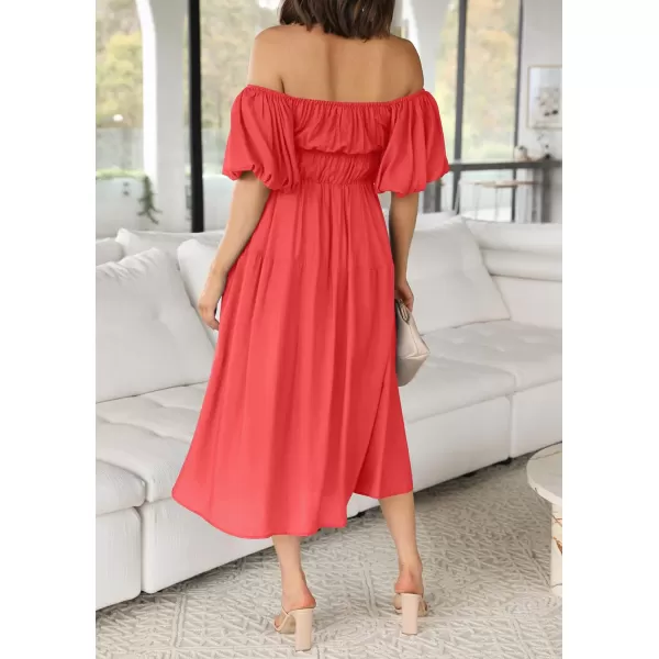 imageZESICA Womens 2023 Sexy Boho Off Shoulder Puff Short Sleeve High Waist Ruffled Flowy A Line Beach Party Midi DressWatermelon