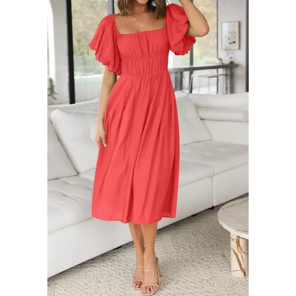 imageZESICA Womens 2023 Sexy Boho Off Shoulder Puff Short Sleeve High Waist Ruffled Flowy A Line Beach Party Midi DressWatermelon