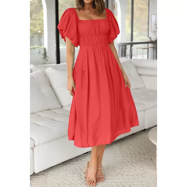 imageZESICA Womens 2023 Sexy Boho Off Shoulder Puff Short Sleeve High Waist Ruffled Flowy A Line Beach Party Midi DressWatermelon