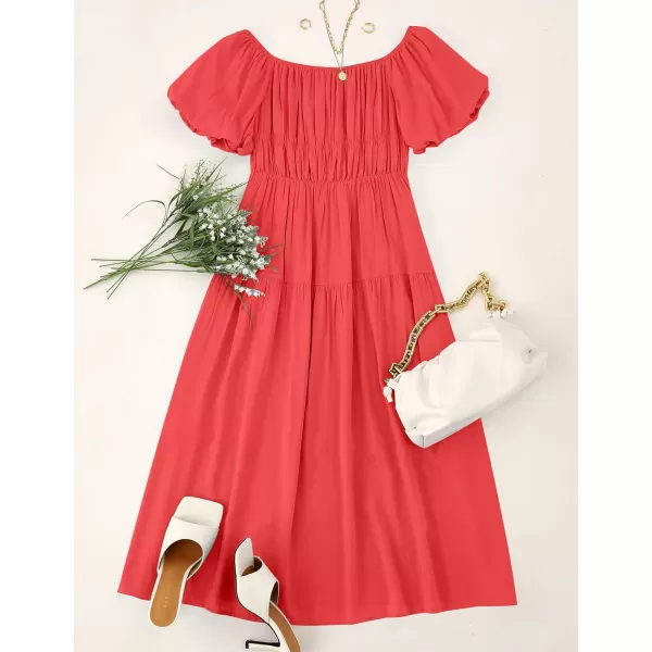 imageZESICA Womens 2023 Sexy Boho Off Shoulder Puff Short Sleeve High Waist Ruffled Flowy A Line Beach Party Midi DressWatermelon