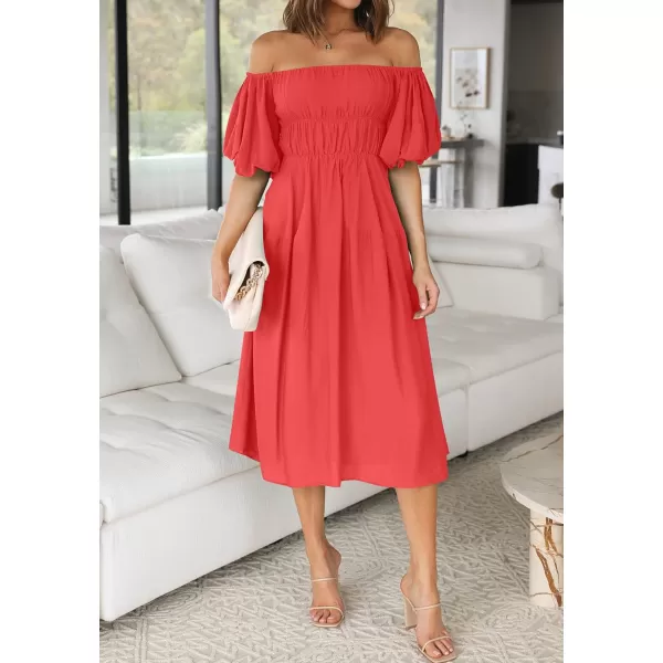 imageZESICA Womens 2023 Sexy Boho Off Shoulder Puff Short Sleeve High Waist Ruffled Flowy A Line Beach Party Midi DressWatermelon