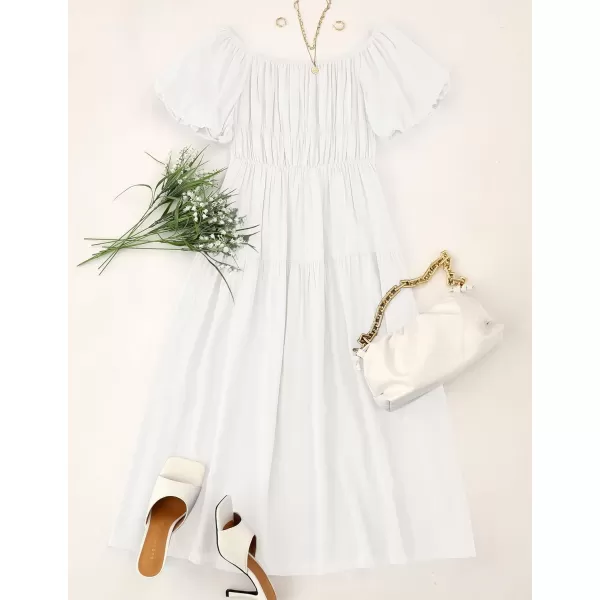 imageZESICA Womens 2023 Sexy Boho Off Shoulder Puff Short Sleeve High Waist Ruffled Flowy A Line Beach Party Midi DressWhite
