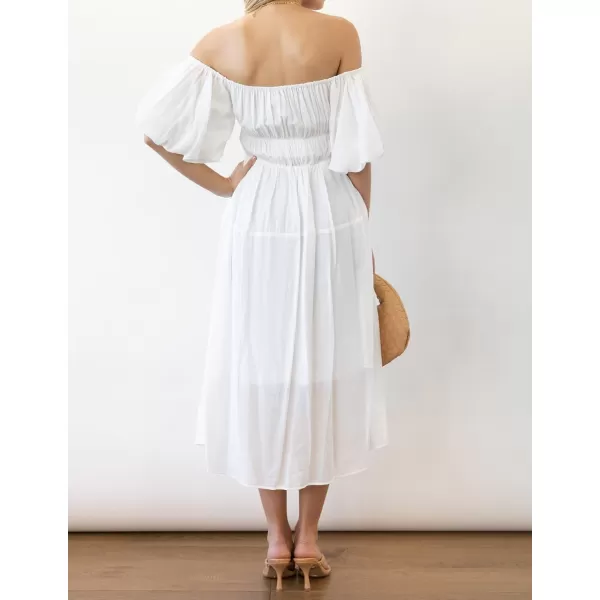 imageZESICA Womens 2023 Sexy Boho Off Shoulder Puff Short Sleeve High Waist Ruffled Flowy A Line Beach Party Midi DressWhite